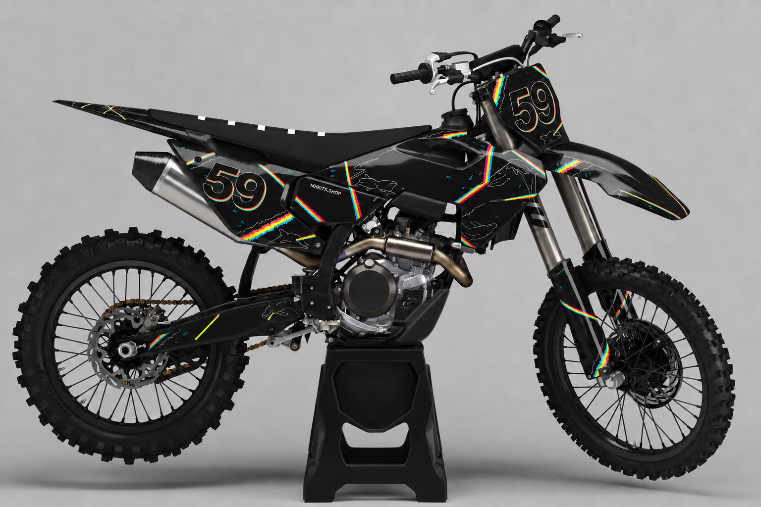 Black neon rainbow Husqvarna motocross decal kit with number 59 and fine dolphin line art