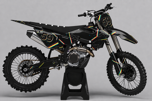 Schwarzes Husqvarna Motocross-Dekor-Kit mit Neon-Regenbogenfarben, Startnummer 59 und feiner Delfin-Linienzeichnung