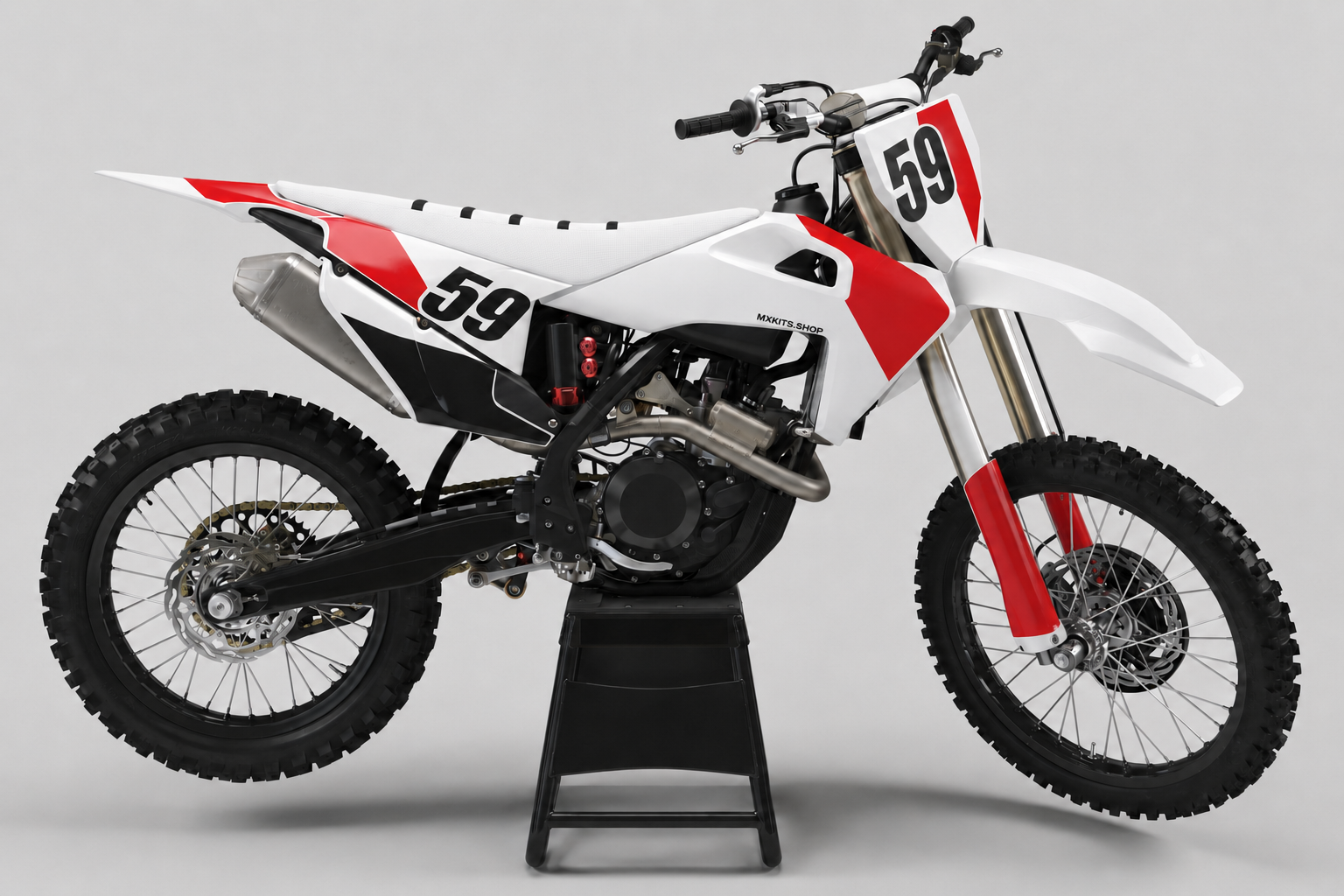 Clean red, white and black Husqvarna motocross graphics with number 59 and sponsor-free body panels