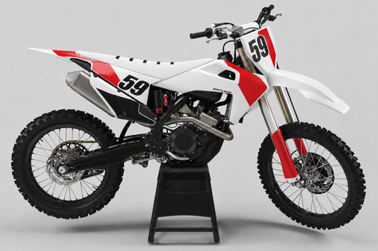 Schlichtes rot-weiß-schwarzes Husqvarna-Motocross-Dekor mit Startnummer 59 und Verkleidungsteilen ohne Sponsorenlogos