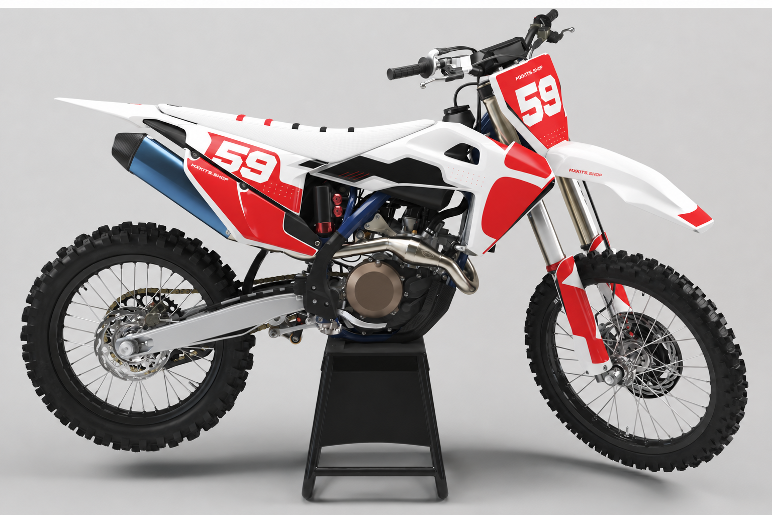 Red, white and black Husqvarna motocross graphics with number 59 and crisp angular panels