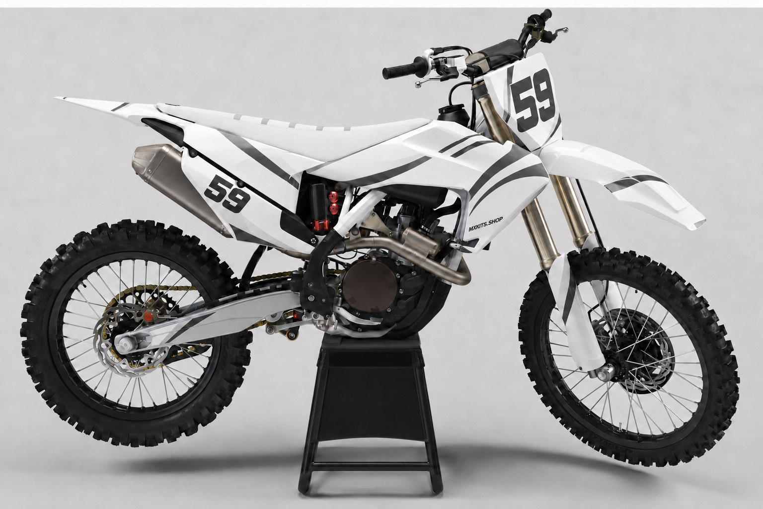 White, silver and grey Husqvarna motocross graphics with number 59 on the front and rear number panels