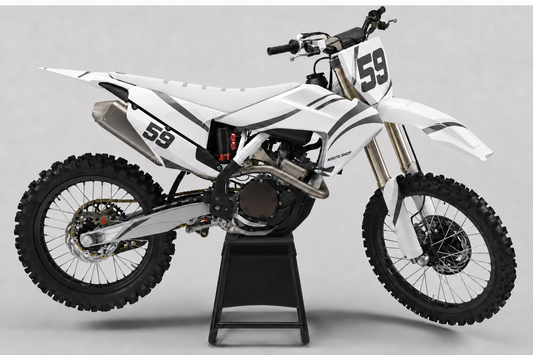 Weißes, silbernes und graues Husqvarna-Motocross-Dekor mit Startnummer 59 auf den vorderen und hinteren Startnummerntafeln
