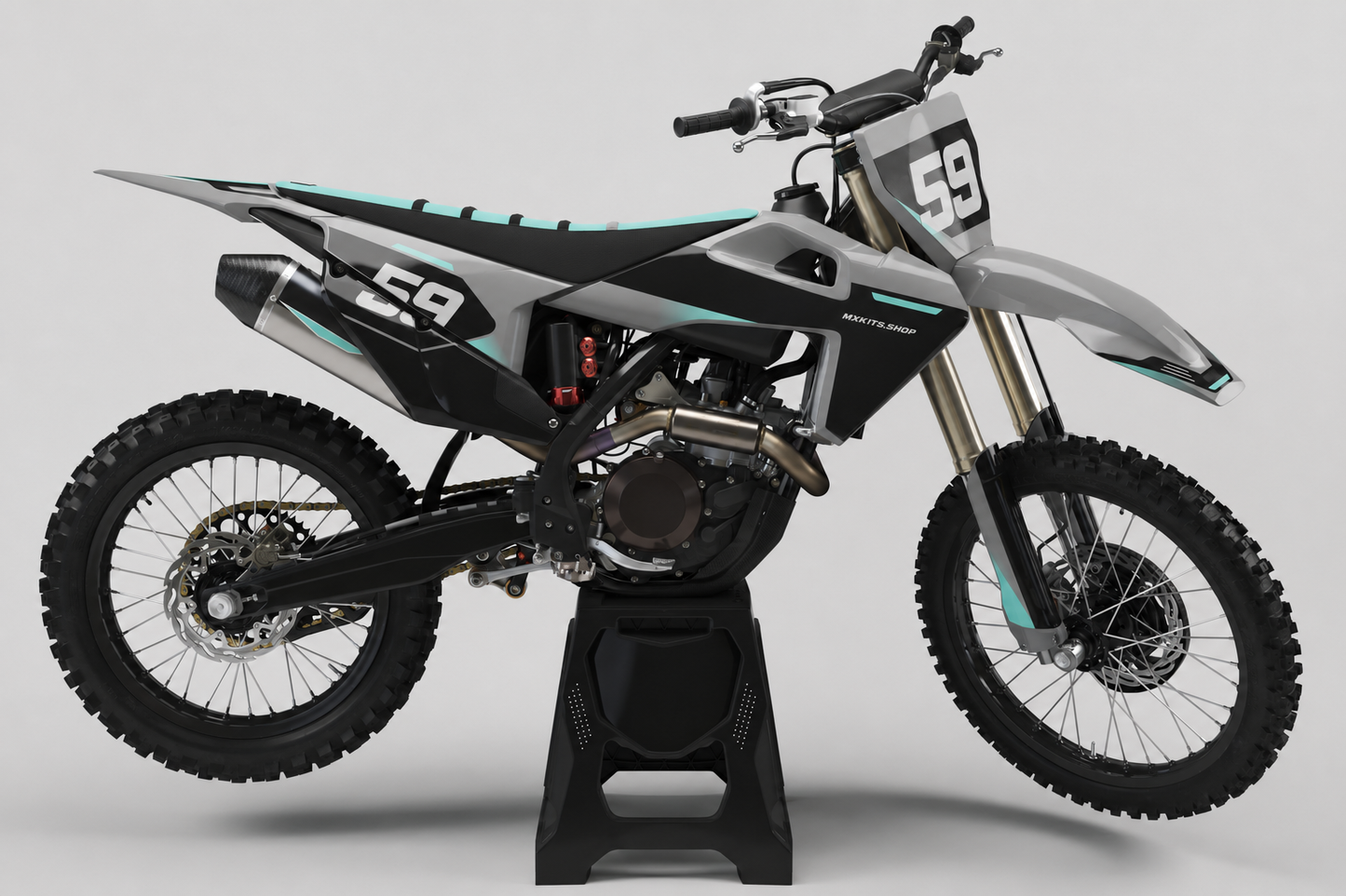 Graphite grey and teal Husqvarna motocross graphics with number 59 placed at the front and rear