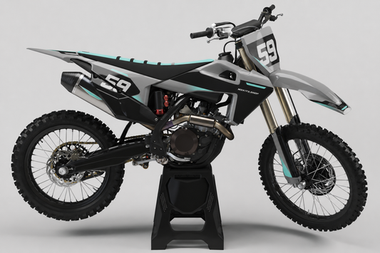 Graphitgraues und blaugrünes Husqvarna-Motocross-Dekor mit Startnummer 59 vorn und hinten