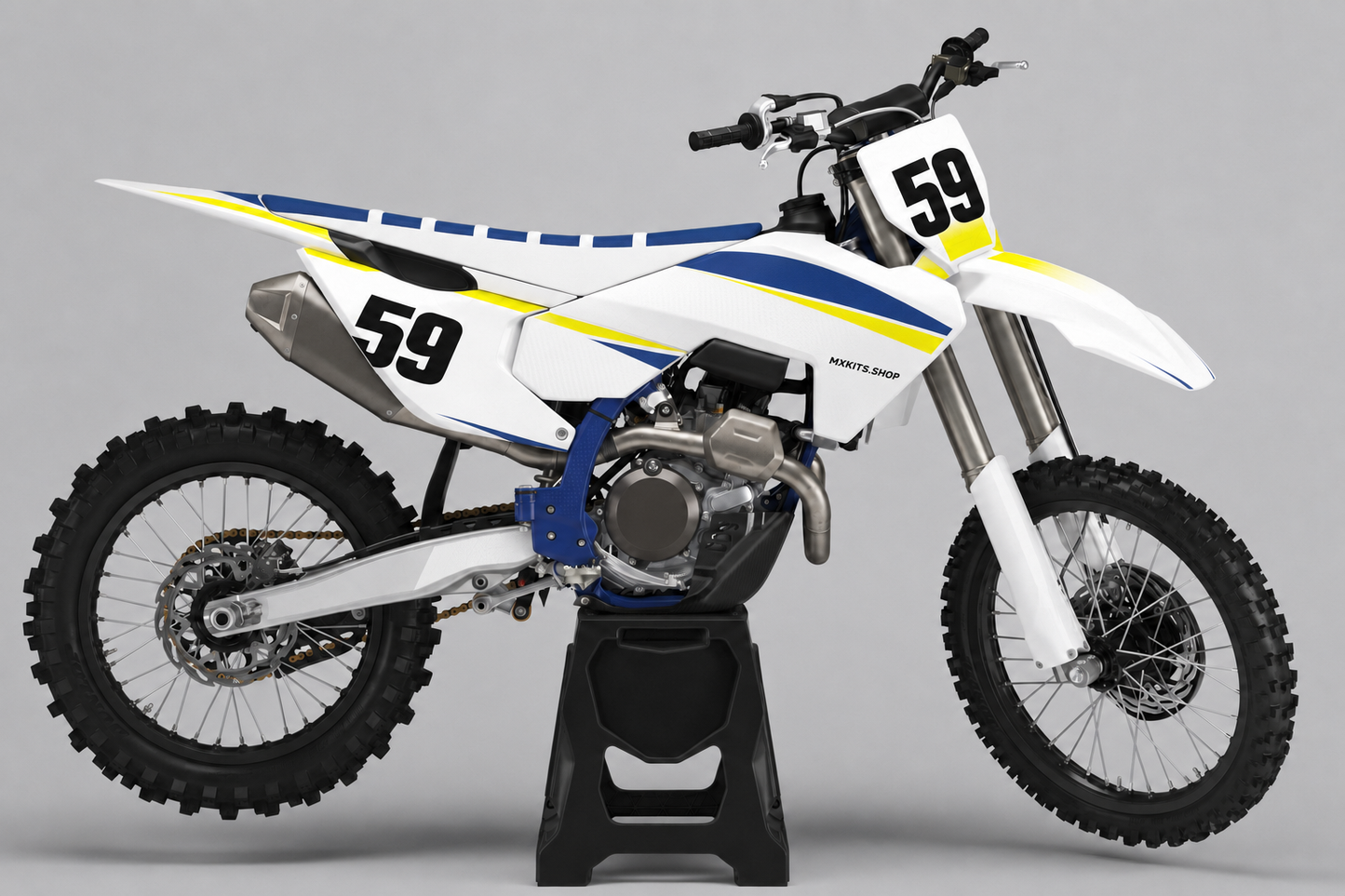 White navy and fluorescent yellow Husqvarna MX graphics kit with number 59 on a plain black stand