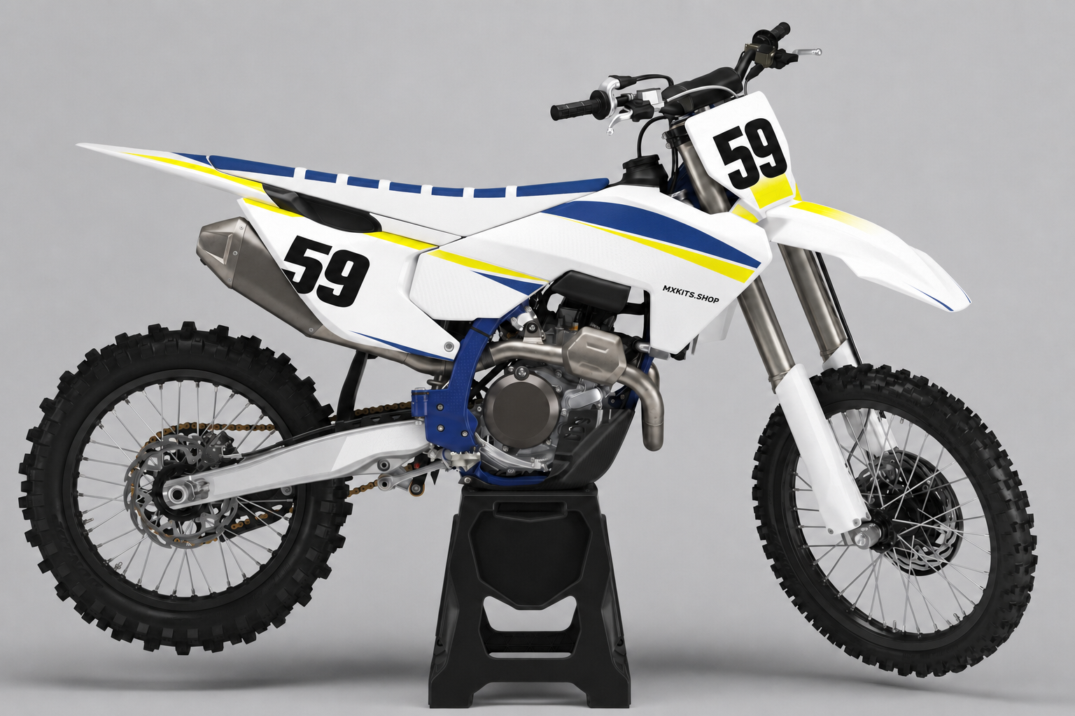 White navy and fluorescent yellow Husqvarna MX graphics kit with number 59 on a plain black stand
