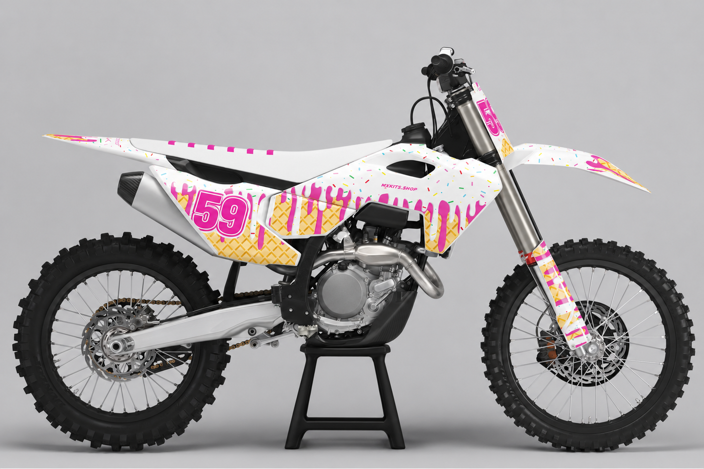 White pink ice cream style Husqvarna MX graphics kit with number 59 in a clean studio preview