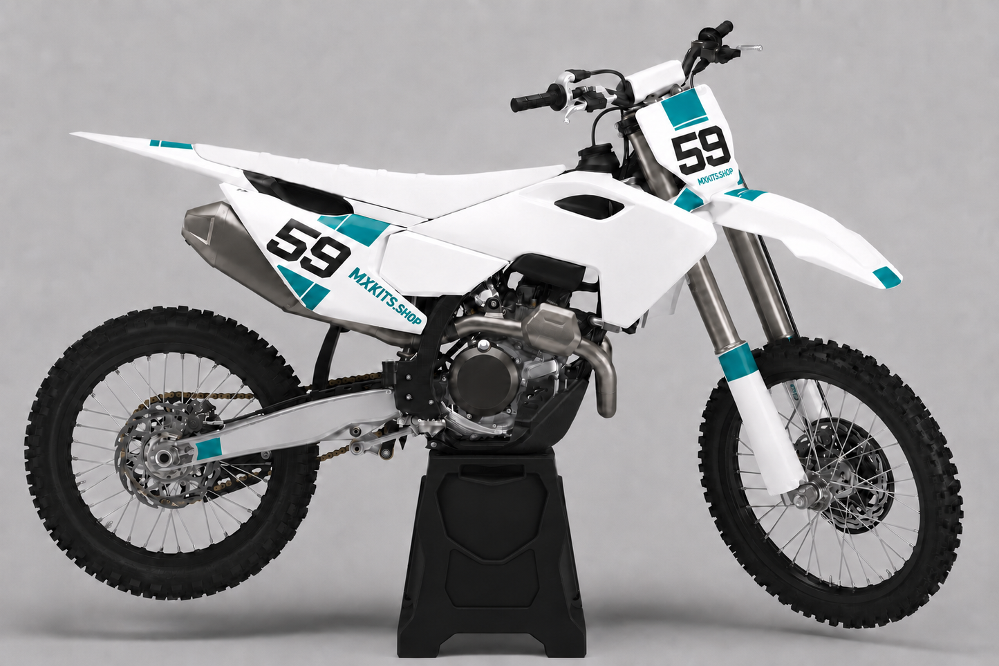Minimal white and teal Husqvarna MX graphics set with bold black number 59 and clean panels