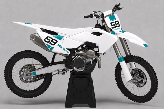 Minimalistisches weißes und blaugrünes Husqvarna Motocross-Dekor mit markanter schwarzer Startnummer 59 und klaren Flächen