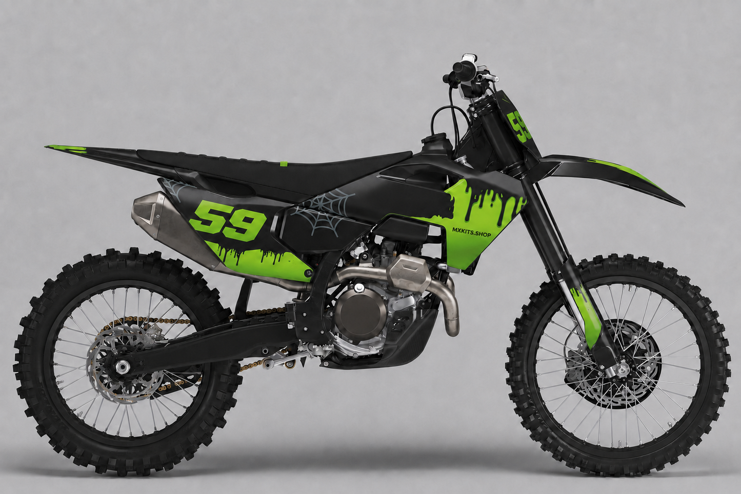 Black and lime Husqvarna motocross graphics with spiderweb details and number 59 on the front and rear panels