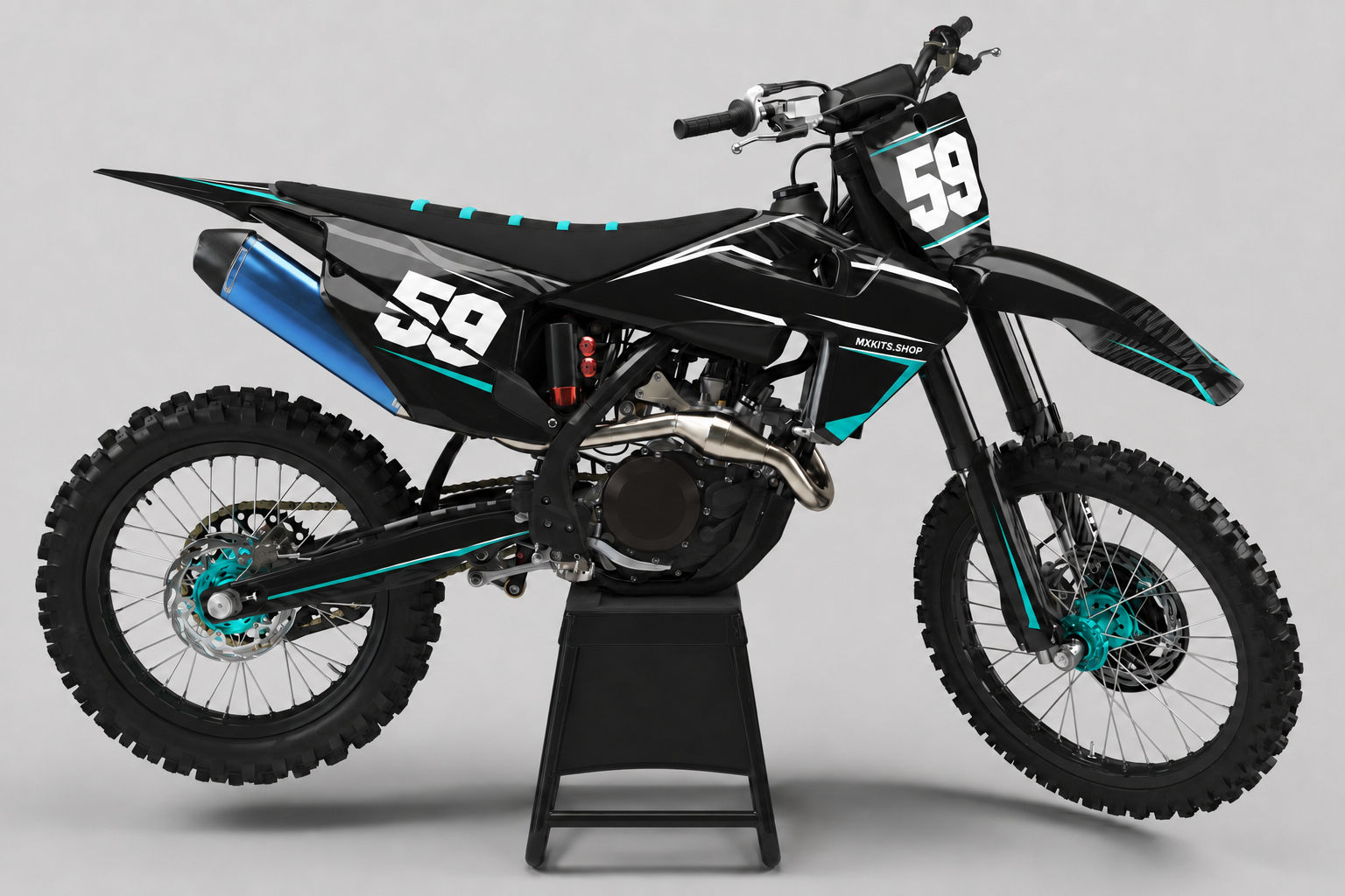 Black and turquoise Husqvarna motocross livery with number 59, blue exhaust and teal wheel hubs on a black stand