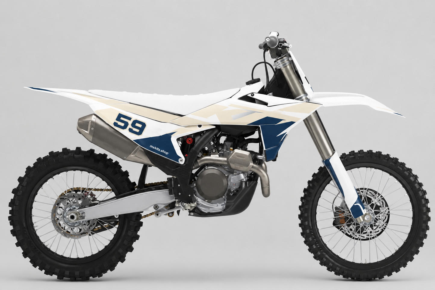 KTM sand ivory and navy motocross graphics with a single stylized race number 59