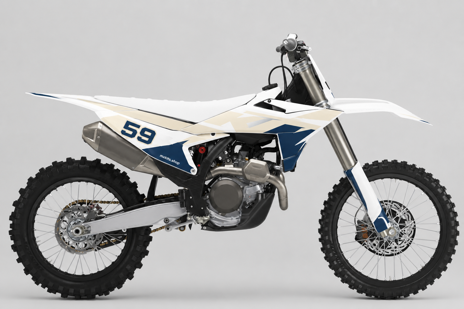 KTM sand ivory and navy motocross graphics with a single stylized race number 59