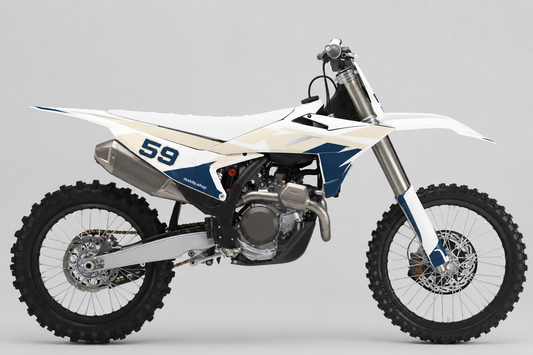 KTM Motocross-Dekor in Sand, Elfenbein und Marineblau mit stilisierter Startnummer 59