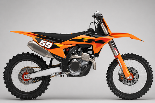 KTM Dekor-Kit im leuchtend orangefarbenen Werkslook mit kräftiger Startnummer 59