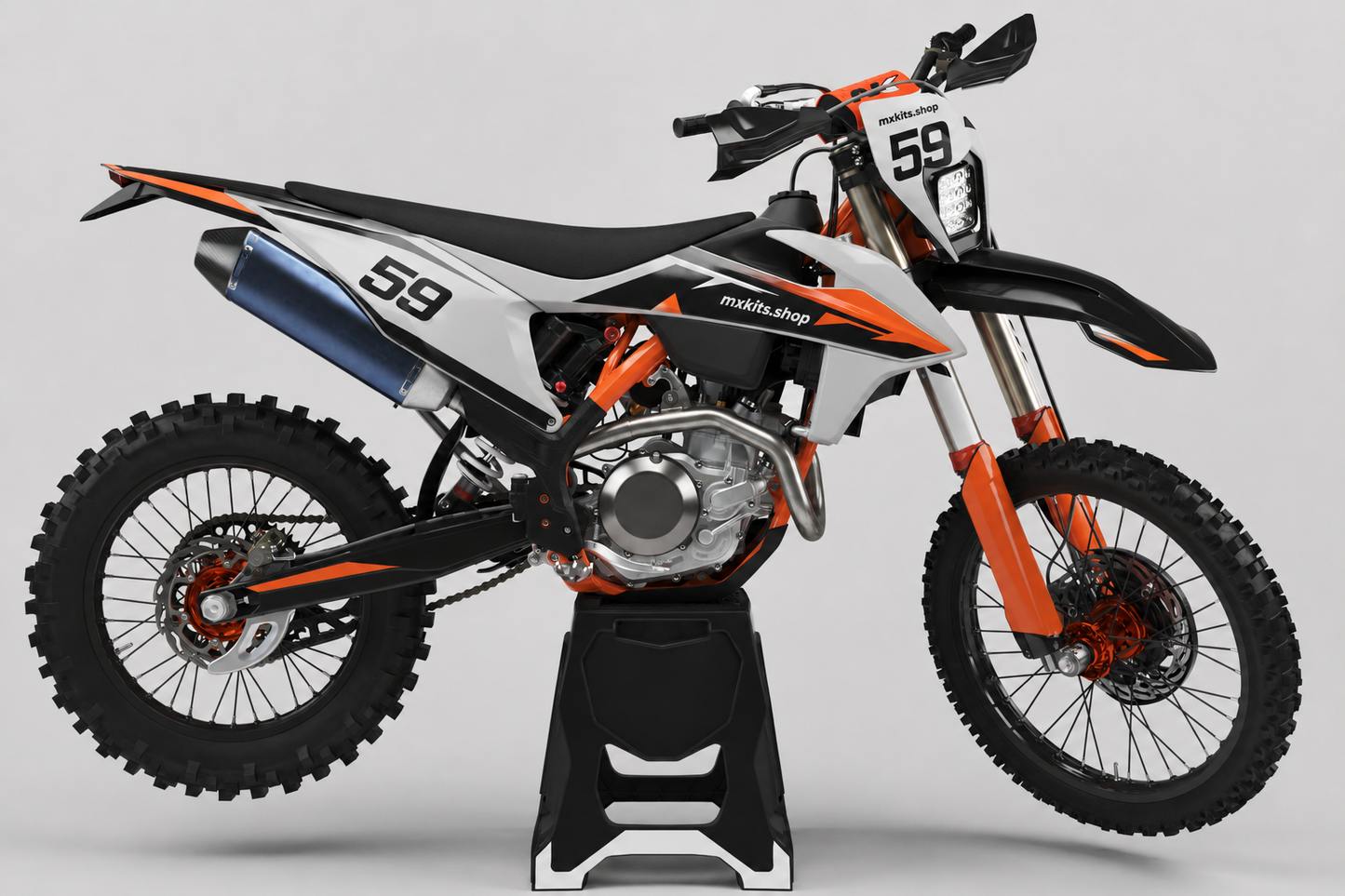 KTM custom enduro graphics kit in white black and orange with race number 59
