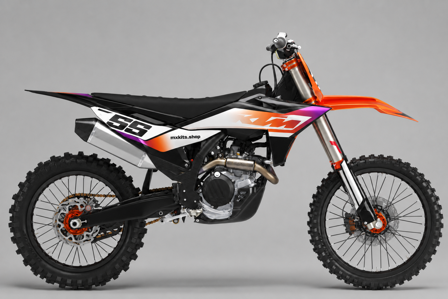 KTM custom motocross graphics kit in black, orange, white and magenta with stylized number 59