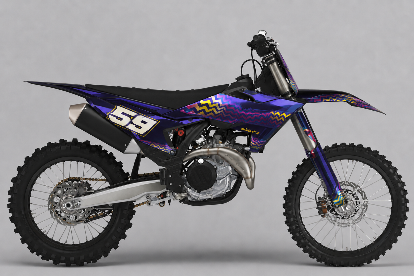 KTM violet zigzag graphics with one number 59 in the correct rear side panel position