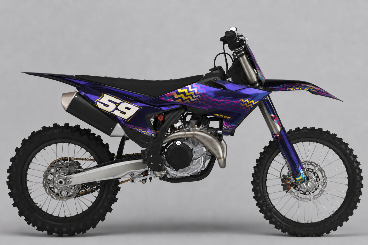 KTM violet zigzag graphics with one number 59 in the correct rear side panel position