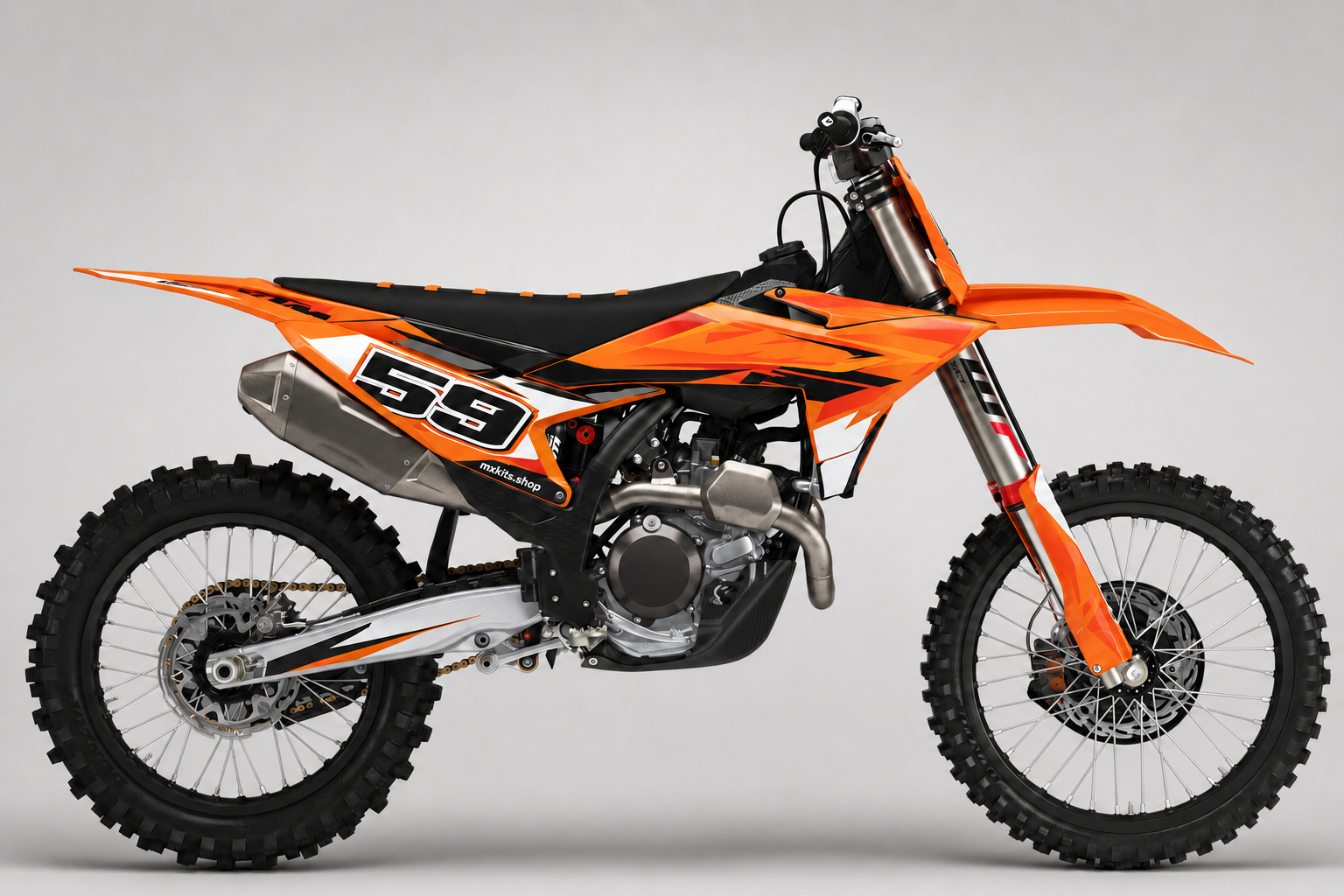 KTM orange black and white motocross graphics kit featuring outlined number 59