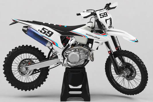 Individuelles KTM Motocross-Dekor-Kit in Weiß, Schwarz, Rot und Cyan mit Startnummer 59