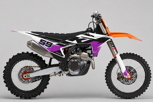 KTM Dekor-Kit in Schwarz, Weiß und Violett mit hochwertig gestalteter Startnummer 59