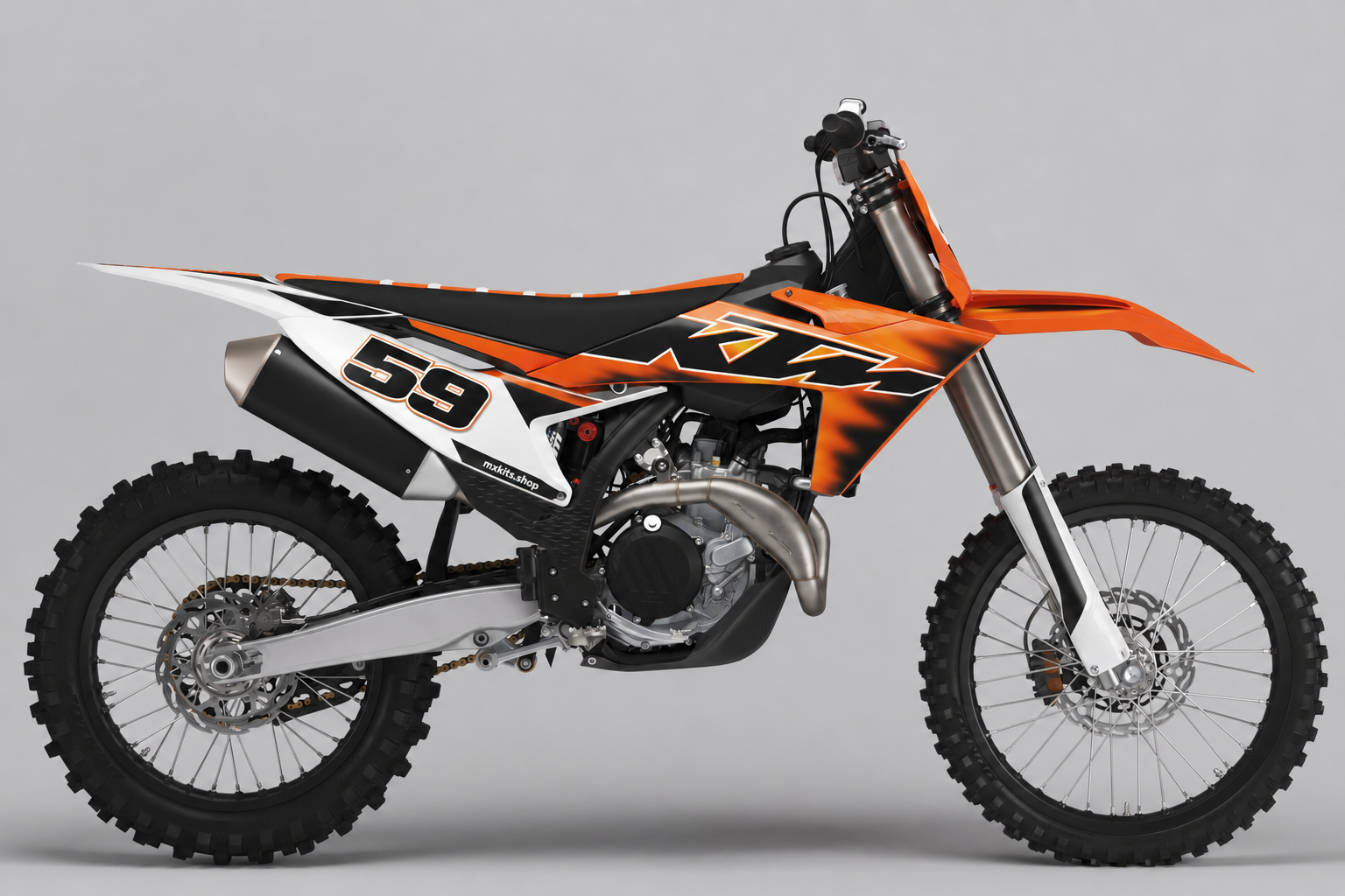 KTM retro orange black and white graphics with one 1990s inspired number 59