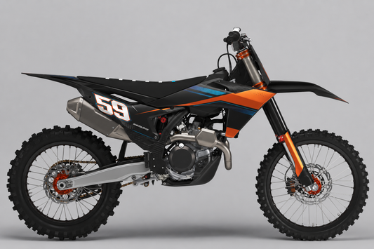KTM Dekor in Schwarz, dunklem Orange und Blau mit individueller Startnummer 59