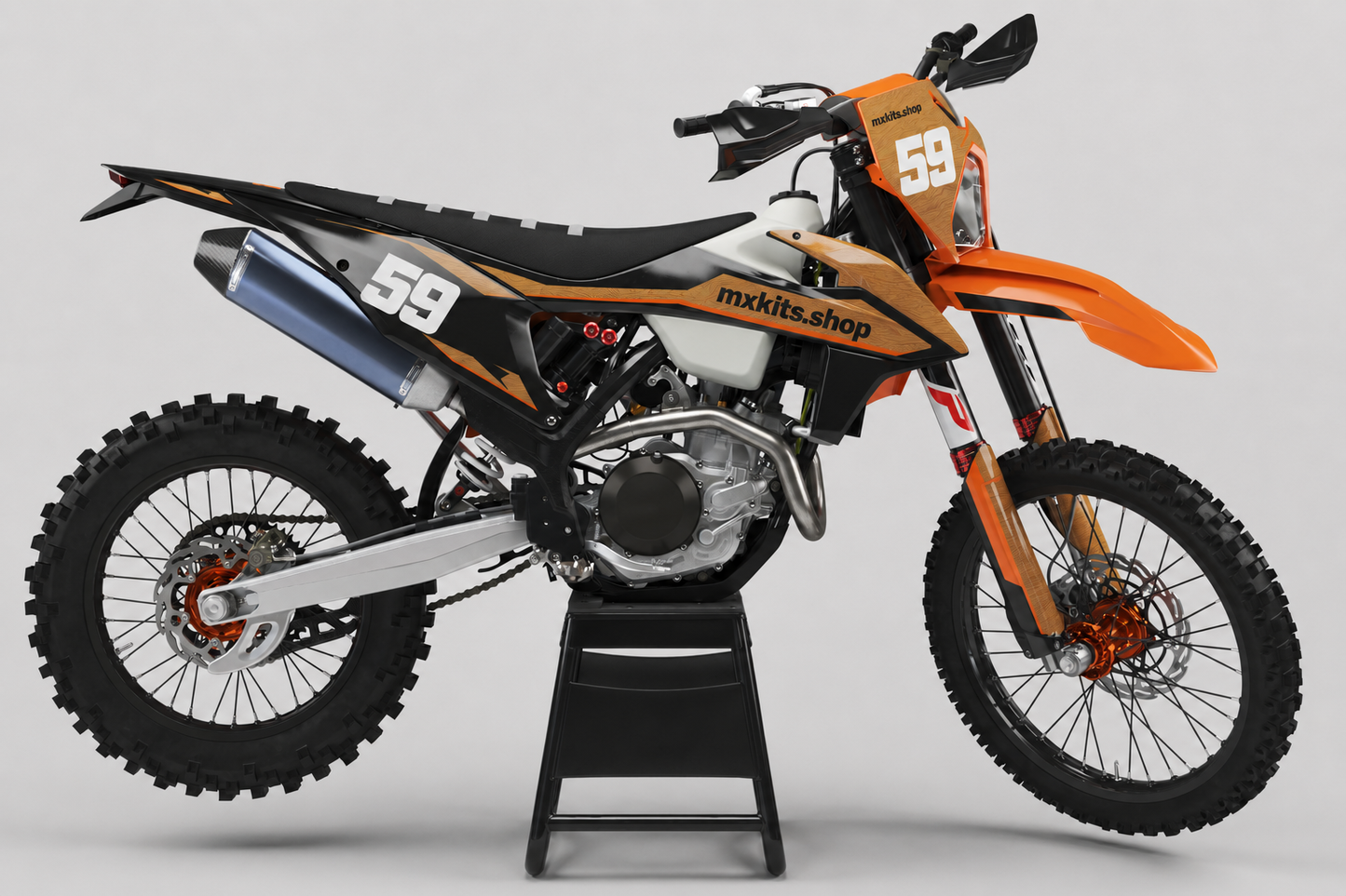 KTM custom enduro graphics kit with orange black and wood texture and race number 59
