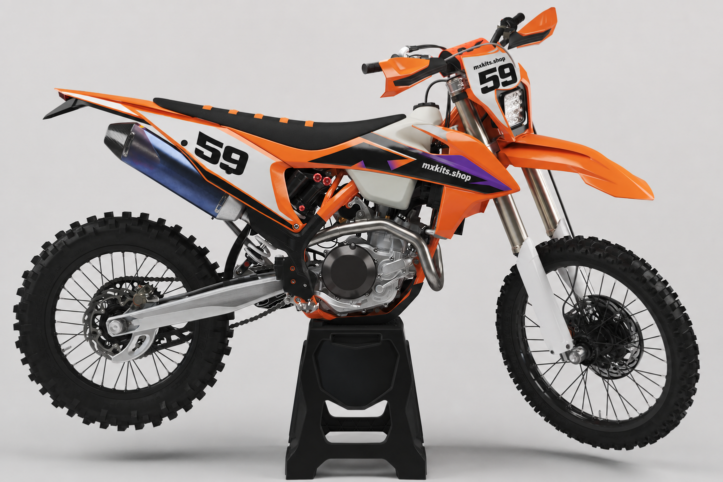 KTM custom motocross graphics kit in orange black and violet with race number 59