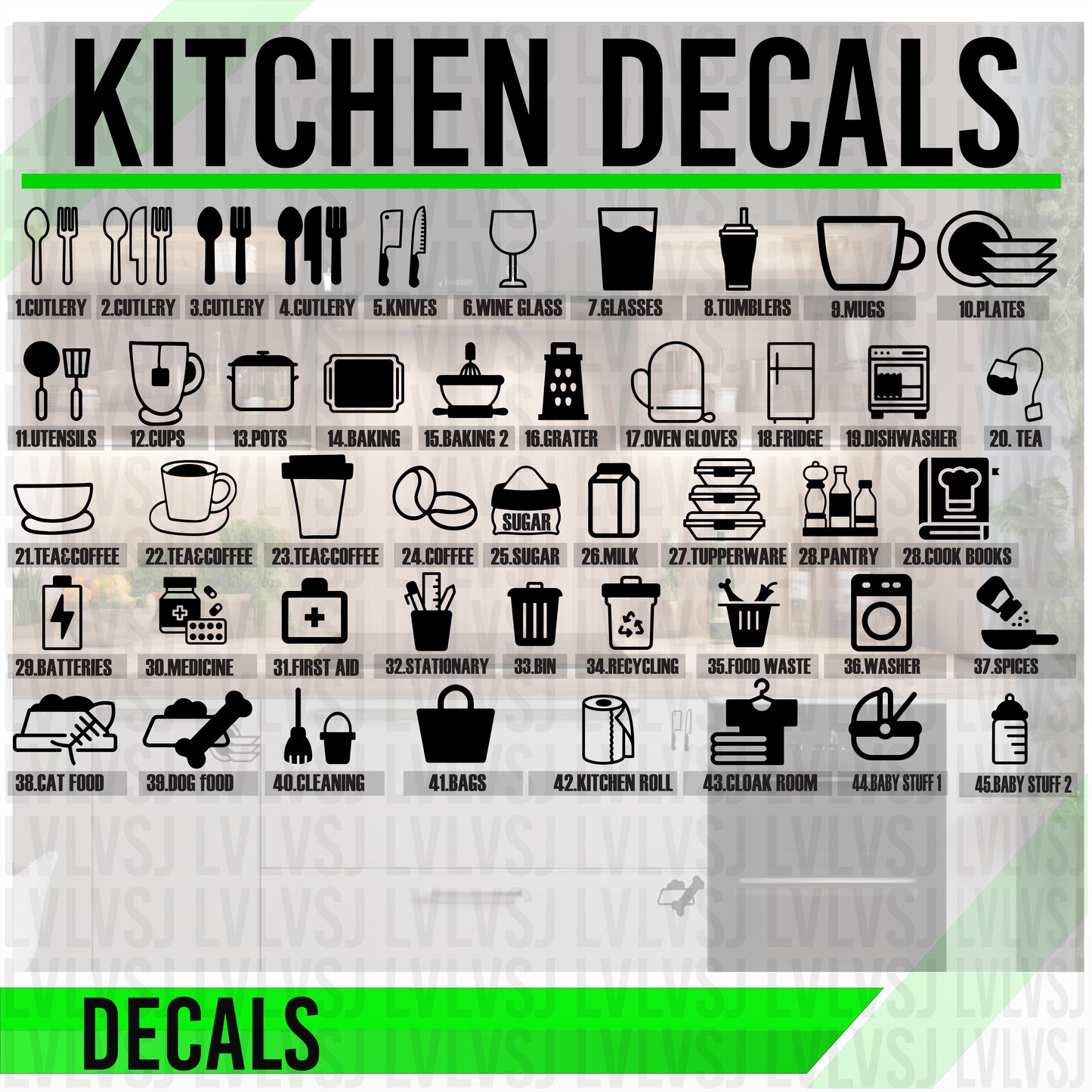 Kitchen Cabinet Decals – Pantry & Cupboard Icon Labels (Choose Icons 1–45, Black/White Vinyl)