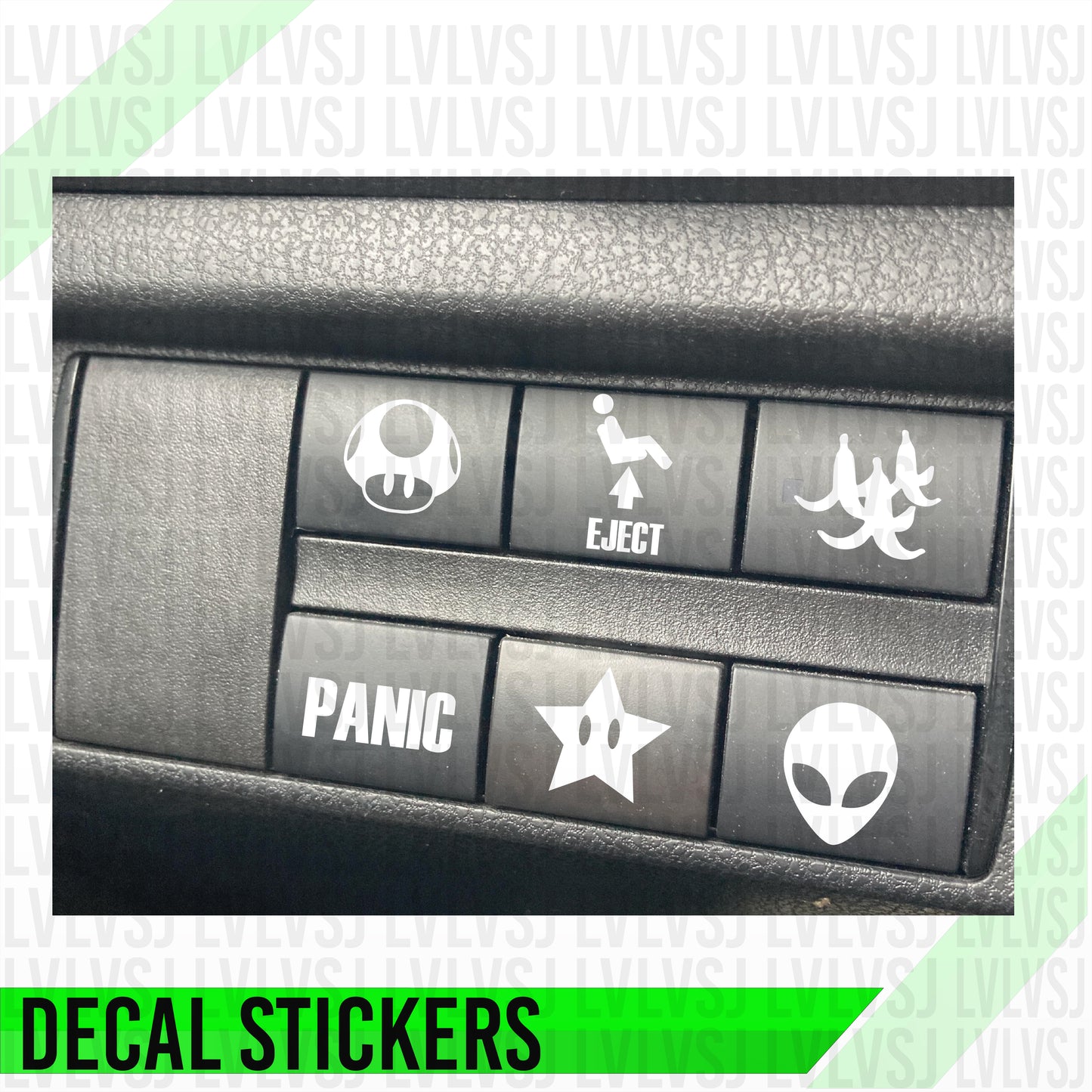 Eject car button decal sticker – funny dashboard switch icon with seat and arrow – black/white die-cut vinyl, 6-pack.