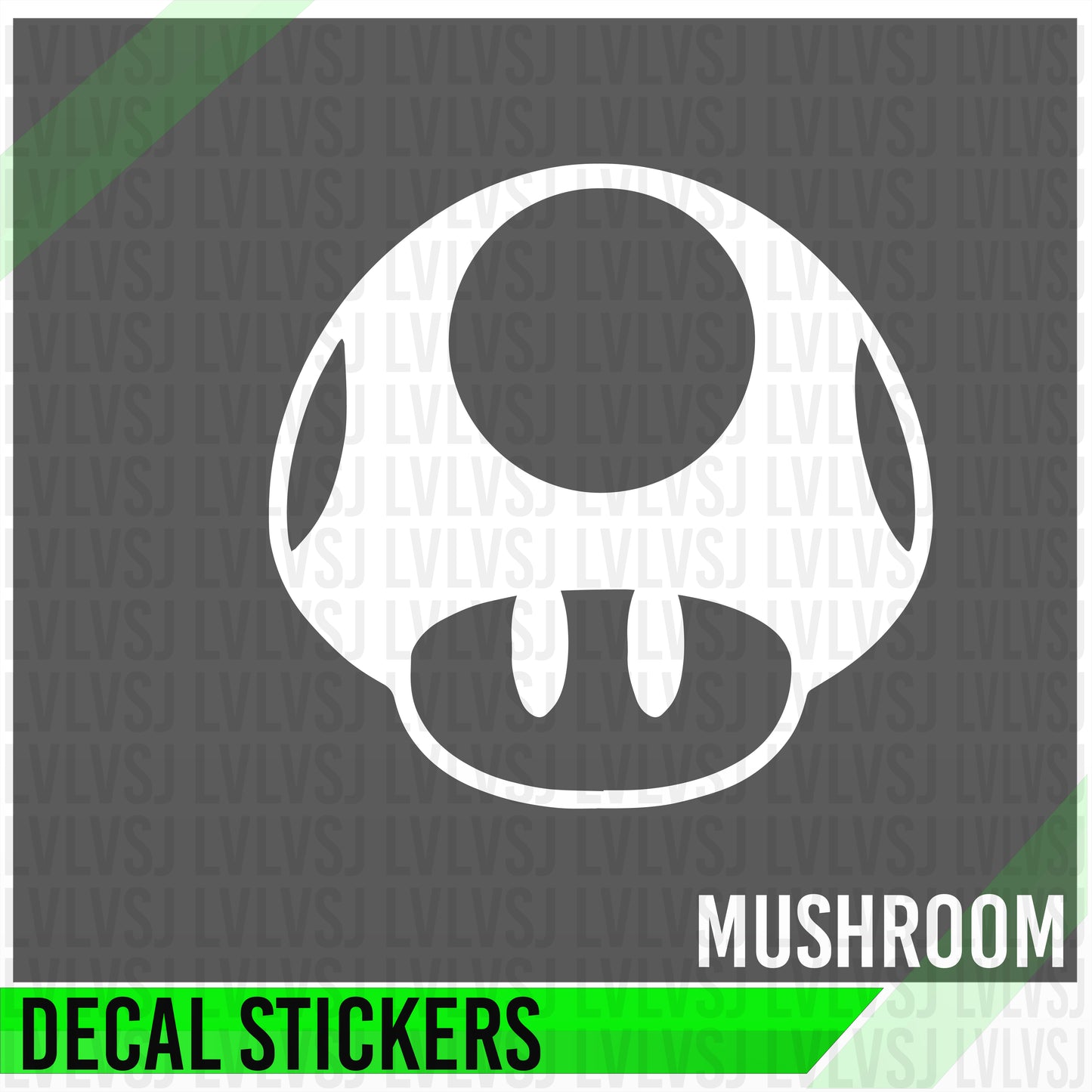 White mushroom icon on a gray background with 'MUSHROOM' text and 'DECAL STICKERS' label.