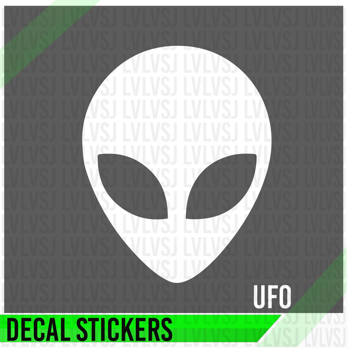White alien head decal on a gray background with 'UFO' text and green accents.