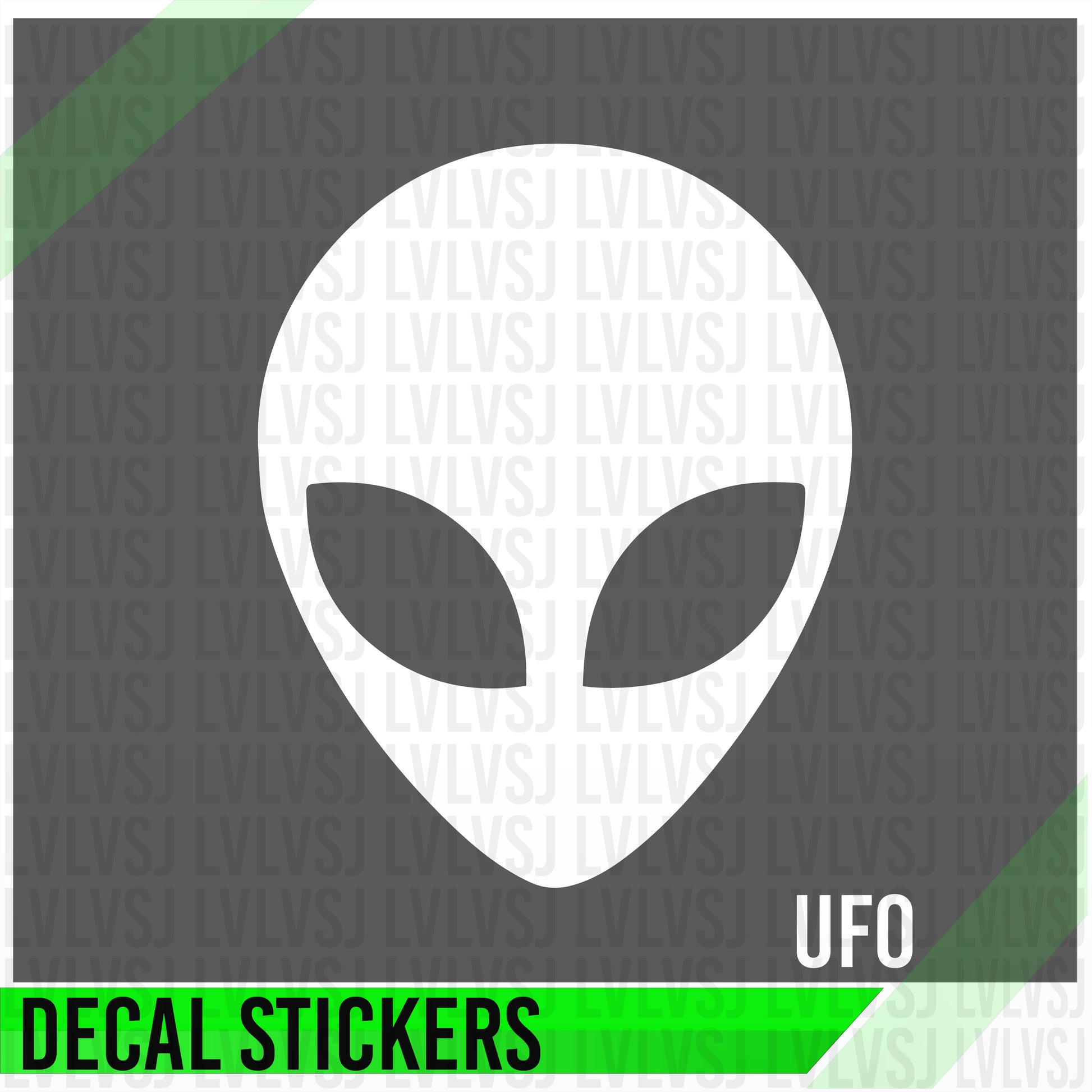 White alien head decal on a gray background with 'UFO' text and green accents.