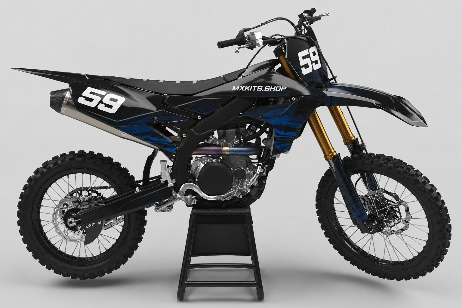 Sponsor-free black Yamaha motocross bike with dark blue Abyss Contour graphics, MXKITS.SHOP branding and race number 59