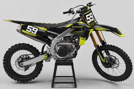Schwarzes und neongelbes Yamaha Motocross-Dekor-Kit mit Startnummer 59 und MXKITS.SHOP-Schriftzug