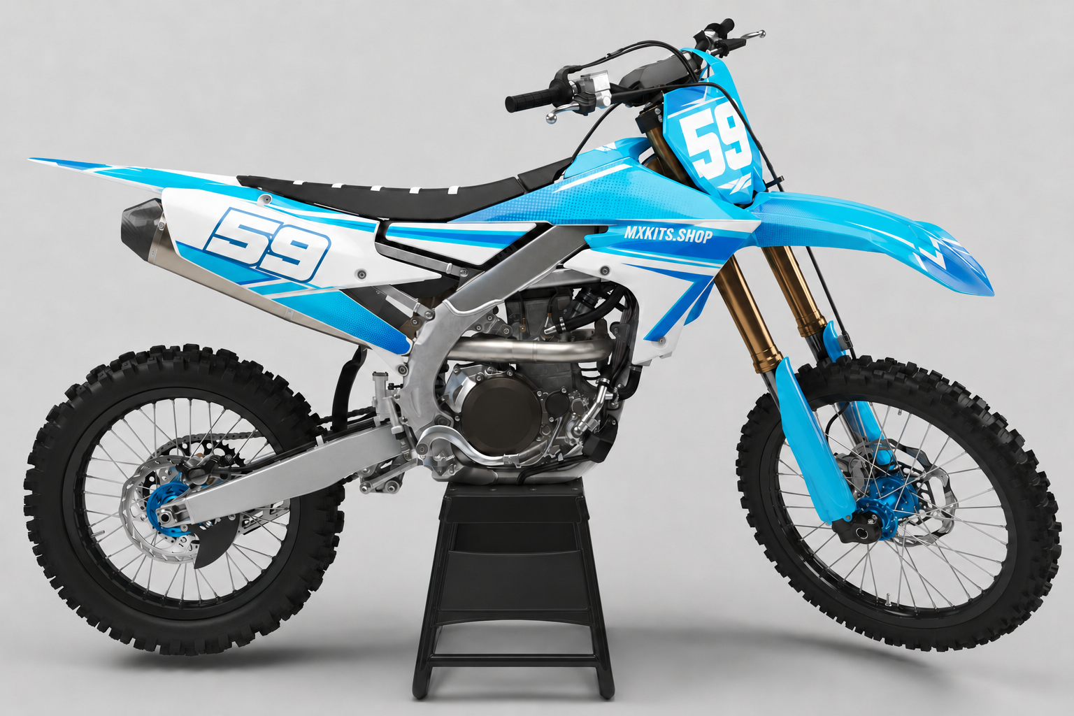 Sponsor-free cyan, white and blue Yamaha motocross bike with Aqua Velocity graphics, MXKITS.SHOP branding and race number 59