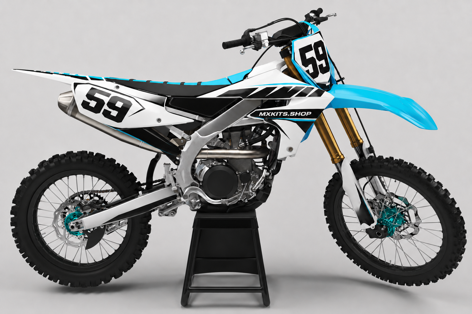 Sponsor-free white, black and cyan Yamaha motocross bike with Arctic Cyan graphics, MXKITS.SHOP branding and race number 59