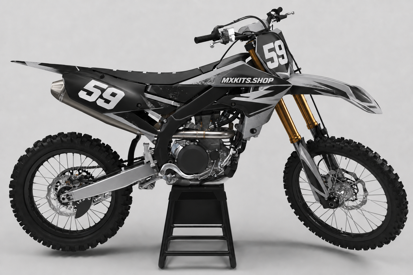 Monochrome silver, charcoal and black Yamaha motocross decal set displayed with race number 59