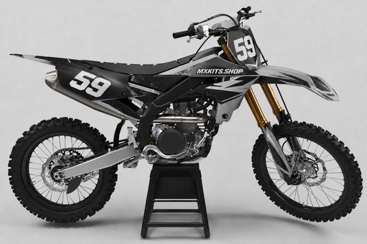Monochromes Yamaha Motocross-Dekor-Kit in Silber, Anthrazit und Schwarz, dargestellt mit Startnummer 59