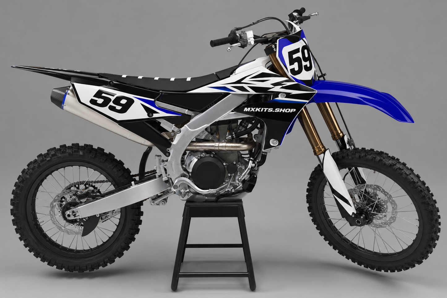 Sponsor-free white black and blue Yamaha motocross bike with Black Ice Vector graphics, MXKITS.SHOP branding and race number 59