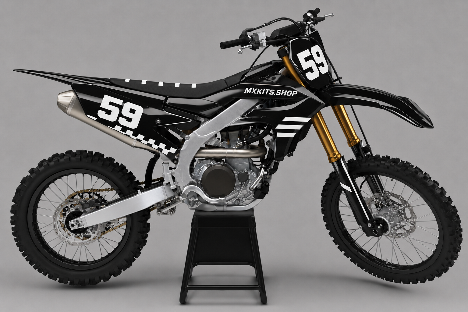 Sponsor-free gloss black Yamaha motocross bike with white Trackline graphics, MXKITS.SHOP branding and race number 59