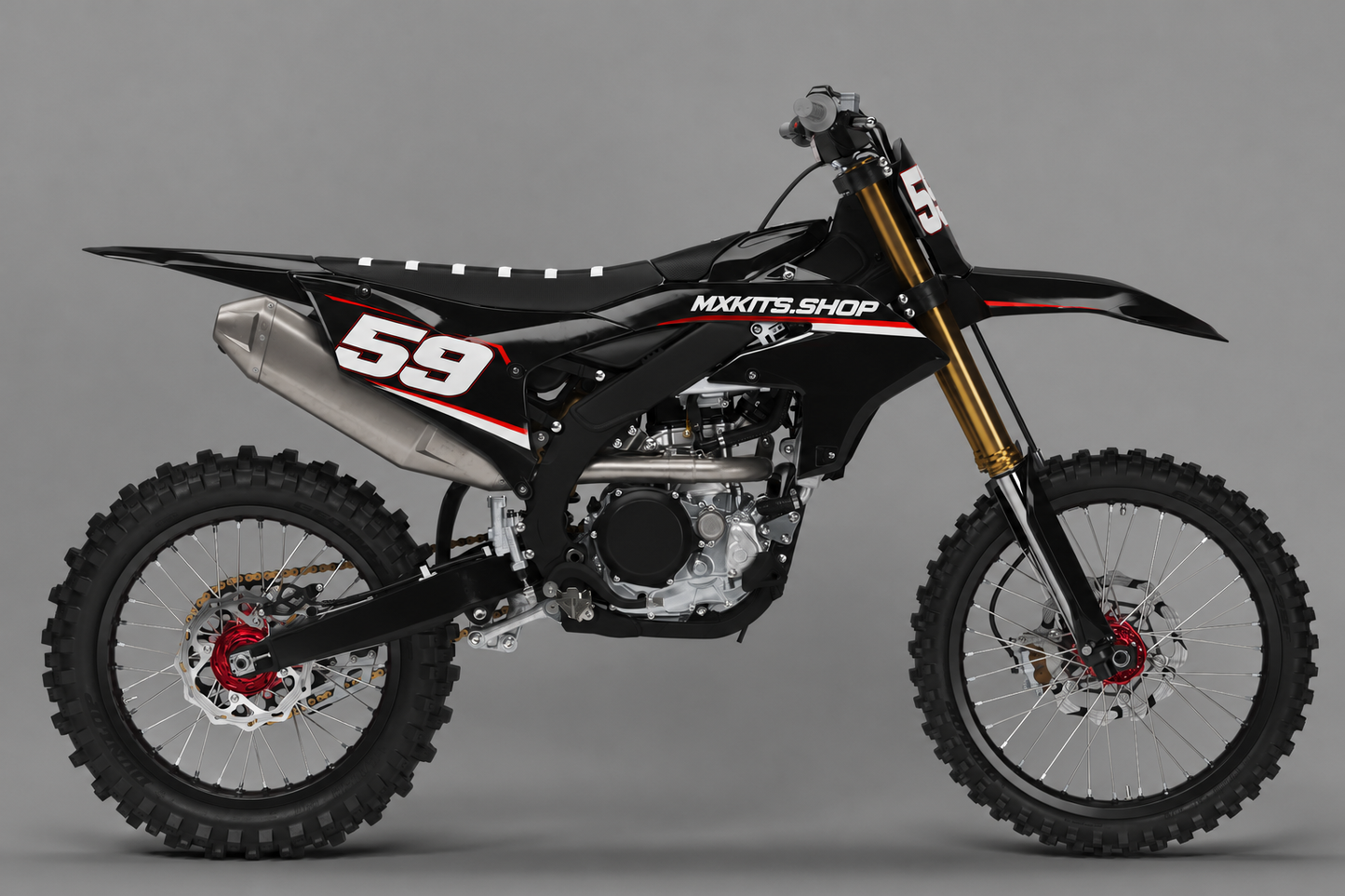 Sponsor-free black Yamaha motocross bike with white and red Blackline Ember graphics, MXKITS.SHOP branding and race number 59
