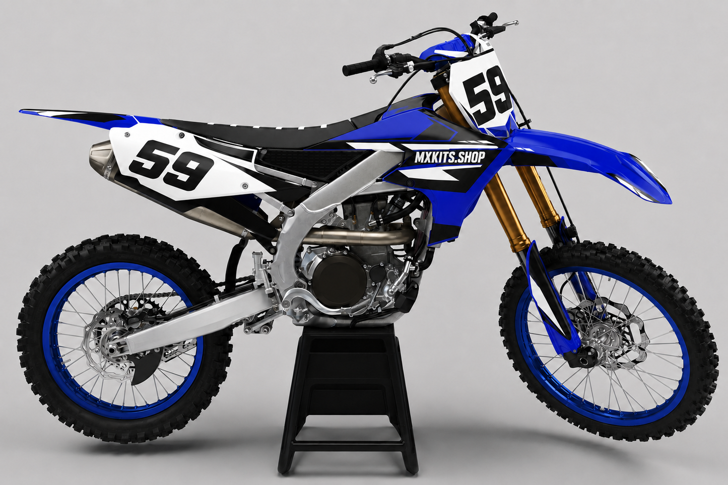 Blue, white and black Yamaha motocross graphics set shown in full side view with number 59