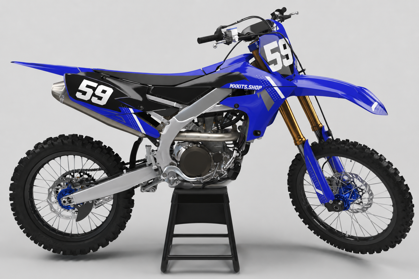 Sponsor-free vivid blue and black Yamaha motocross bike with white Blue Current graphics, MXKITS.SHOP branding and race number 59
