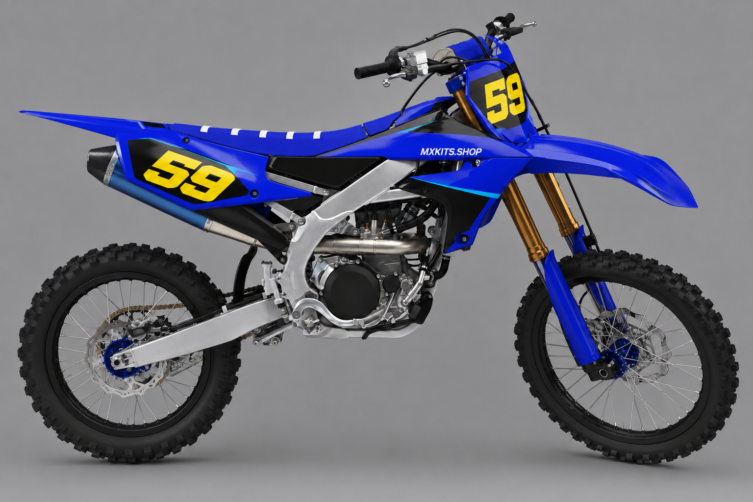 Blue yellow and cyan Yamaha motocross decal kit with number 59 and MXKITS.SHOP branding