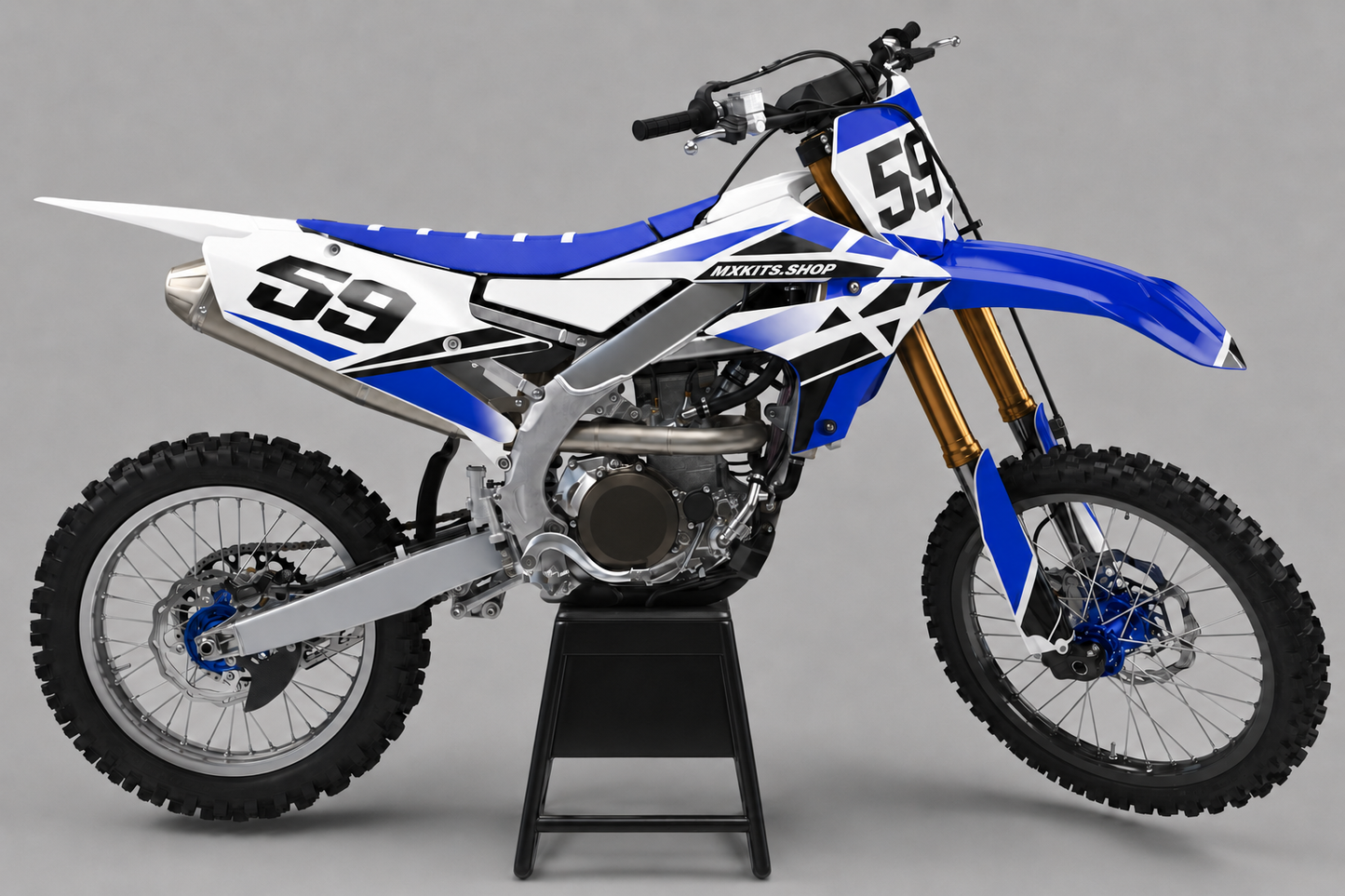 Sponsor-free white, black and royal blue Yamaha motocross bike with Blue Orbit graphics, MXKITS.SHOP branding and race number 59