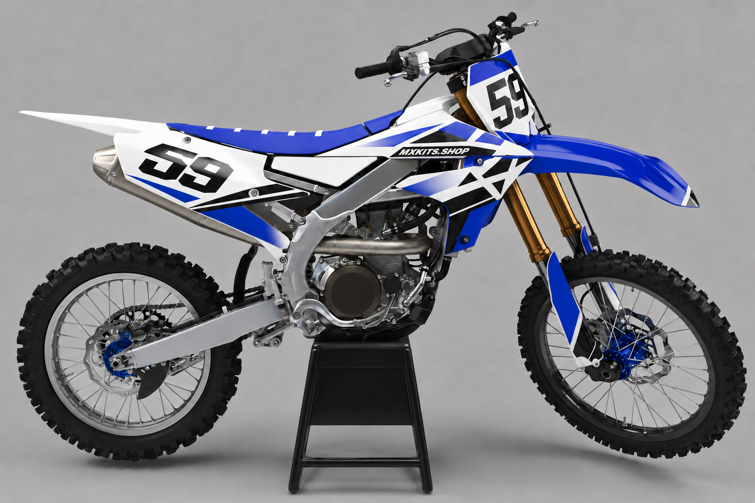 Sponsor-free white, black and royal blue Yamaha motocross bike with Blue Orbit graphics, MXKITS.SHOP branding and race number 59